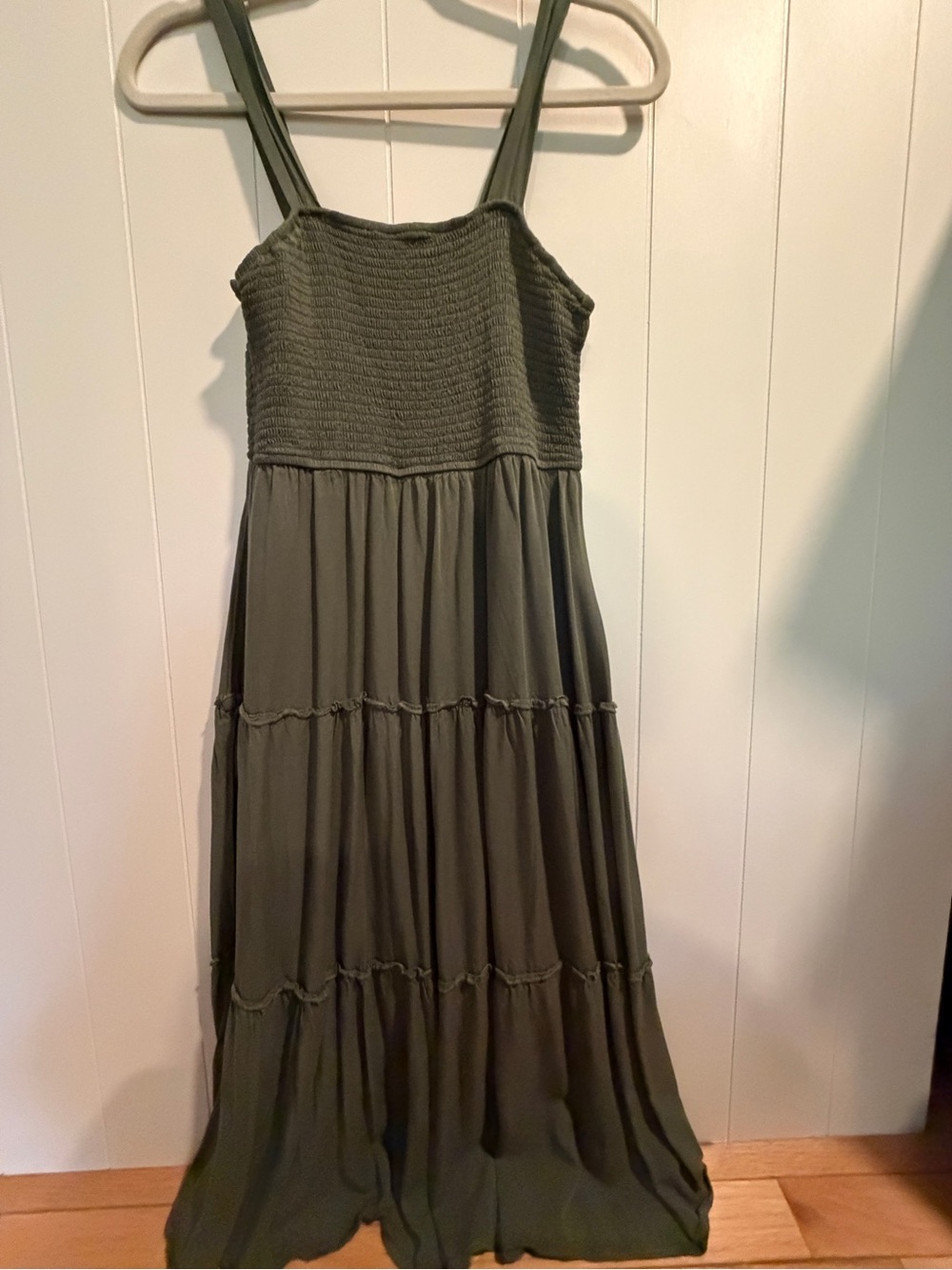 Sleeveless Olive Maxi Dress with Smocked Bodice